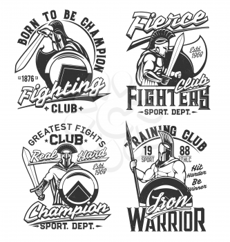 Tshirt prints with gladiator warriors with sword, spear and shield. Vector mascots for fighter club apparel design. Roman or greek knights in helmet with plumage. T shirt prints with typography set