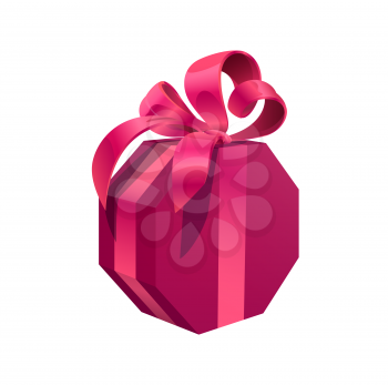 Pink birthday gift box, vector holiday present wrapped with sumptuous bow. Isolated cartoon hexagon shaped giftbox for festive event Christmas, Valentine, Boxing Day, Anniversary, New Year celebration