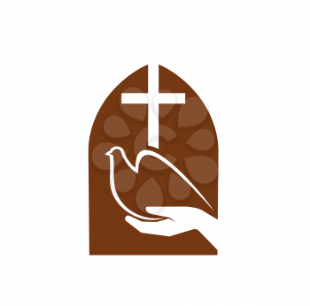 Christianity religion symbol, vector Christian church cross or Jesus Christ crucifix and dove of peace in hands. Catholic religion holy sign, brown religious emblem of faith and worship design