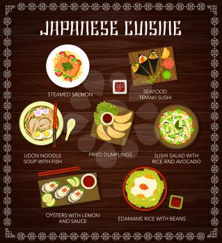 Japanese cuisine food menu, dishes, meals poster with Asian traditional dinner and lunch. Japanese oden bowls with rice, sushi and udon noodles, seafood temaki rolls and salmon, rice and avocado salad
