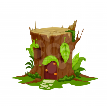 Cartoon fairytale stump house, vector stub home, fairy dwelling for dwarf or gnome with wooden door, leaves shutters on windows and moss on roof. Cute fantasy building on field with grass and path