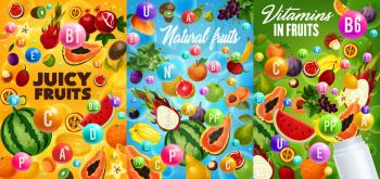 Vitamins in fruits, health food and dieting benefits vector design. Exotic papaya, orange and mango, garden apple, grapes and watermelon, banana, lemon, fig, kiwi and peach with blank plastic bottle