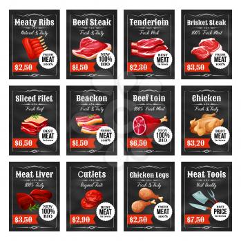 Meat food tags and labels on chalkboard vector design. Beef steak, pork ribs and ham, bacon, lamb and turkey, burger cutlet, liver and tenderloin with barbecue fork and knives. Butcher shop themes