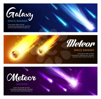Meteor shower and galaxy vector banners of falling comets and asteroids, space design. Night sky with shooting stars, planet and fireballs of meteorite with blue and yellow glowing trails and tails