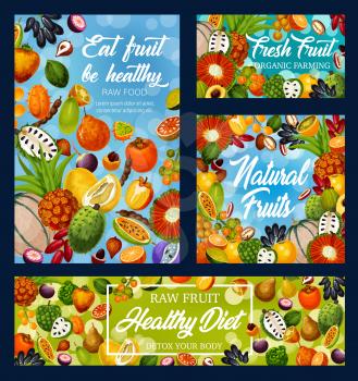 Fruits and exotic berries vector design of fruity detox diet, organic farm food. Frame of oranges, dates and kiwano, cantaloupe melon, persimmon and jackfruit, pu hala, soursop, pomelo and tangerine