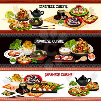 Japanese cuisine vector banners of Asian seafood dishes with noodles, rice, vegetables and fish. Salmon sushi rolls, shrimp and tuna temaki, mushroom soup, eggplant and leek salads, caviar, seaweed