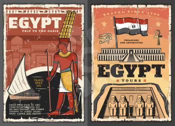 Egypt tour vector design with ancient Egyptian travel landmarks and flag. Temples of pharaoh Ramesses and Djeser-Djeseru, eye of Horus and ankh symbol, Nile river, felucca boat and god Amun posters