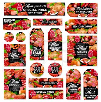Meat food sale tags vector design with special discount price offers of pork sausages, beef steak and salami, ham, bacon and chicken, lamb brisket, barbecue burger cutlet and grilled frankfurter