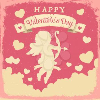 Cupid angel with love arrows and hearts, Valentines Day vector greeting card. Angel with bow flying in sky with clouds, hearts and vintage ribbon banner. Wishes of Happy Valentines Day