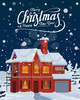 Christmas holiday house with festive Xmas lights vector greeting card. New Year winter holidays home with snowy roof, chimney and decorated windows, falling snow, pine and fir trees