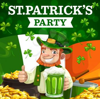 Leprechaun with green beer and pot of gold vector design of St Patrick irish holiday party invitation. Shamrock or clover leaves, Ireland flag and golden coins, celtic elf with red beard, hat and drum