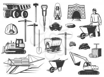 Coal mining industry, miner and underground equipment icons. Vector mine worker, dump truck and helmet, pickaxe, shovel and ore pit, excavator, digger and rail cart, oil lamp and dynamite