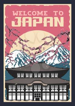 Japan travel, vector vintage poster of Japanese culture traditions and famous landmarks. Welcome to Japan, Tokyo Fuji mount and traditional buddhist pagoda temple with sakura cherry blossom