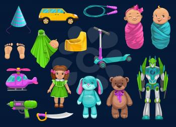 Toy vector icons of baby boy and girls. Car, robot and kids in blankets, doll, bear and bunny, child potty, footprints and ring sling, birthday hat, helicopter and jump rope, scooter and sword