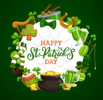 St Patrick shamrock and leprechaun pot of gold, Irish holiday greeting card. Vector clover leaves, green beer and golden coins, lucky horseshoe, celtic elf treasure cauldron and drum, harp and bagpipe