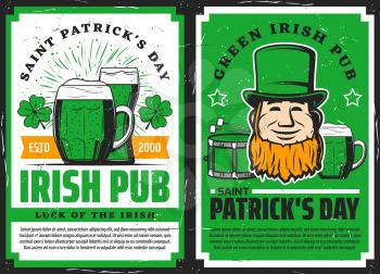 Vector Saint Patrick day Irish luck symbols of leprechaun in green hat with drum and shamrock lucky clover. Irish pub posters, St Patrick day holiday celebration bar beer mugs and pints