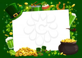 Patricks Day Irish holiday shamrock, leprechaun gold and hat vector frame. Lucky clover leaves and horseshoe, golden coins pot, green beer, celtic elf shoes and smoking pipe