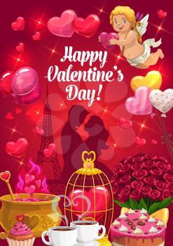Valentines Day loving couple with romantic love gifts, vector greeting card. Cupid with red hearts, bouquets of rose flowers and chocolate cakes, pink balloons, Eiffel tower and love potion cauldron