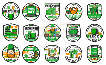 St Patricks Day Irish religion holiday vector icons. Leprechaun, shamrock clover leaf and hat, green beer, gold coins in pot and lucky horseshoe, orange beard, Ireland flag, Irish pub emblems