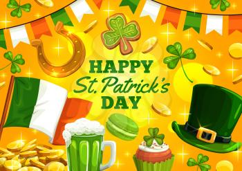 St Patrick Day, Irish traditional holiday green ale beer pint, leprechaun hat and gold coins. Happy Saint Patrick day greetings, Ireland flag with shamrock clover, golden horseshoe and cupcake