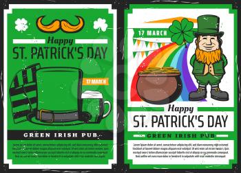 St Patricks Day vector invitations of Irish pub party with leprechaun, shamrock clover green leaves and pot of gold coins, beer, celtic elf hat, orange beard and rainbow. Religion holiday of Ireland