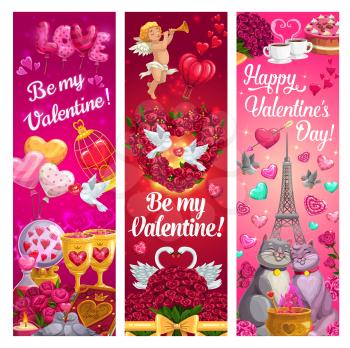 Valentines Day love hearts and bouquets with romantic couple of cats. Vector Cupid, gifts and chocolate cakes, rose flowers, balloons and candies, wine glasses, Eiffel tower, dove and swan birds