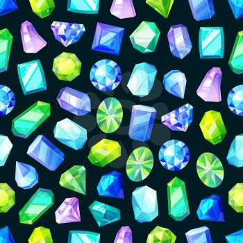 Gemstones, gem jewels, diamonds and jewelry precious stones seamless pattern. Vector background of ruby, sapphire crystal and emerald, opal and amethyst rhinestones, topaz and quartz gems pattern