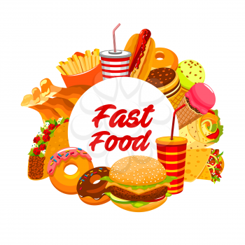 Burgers fast food menu, drinks and hamburgers meal posters. Vector fastfood restaurant sandwiches, chicken grill, hotdog and French fries snacks, fast food takeaway ice cream, coffee and cheeseburger
