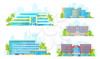 Hotel buildings architecture icons. Vector luxury apart hotel, condominium apartments and boutique resort infrastructure with streets and palm trees