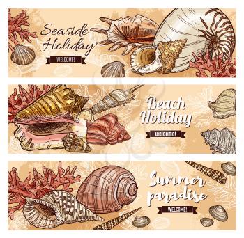 Vector holiday travel quotes, sea and ocean shells, underwater corals, summer beach vacations journey adventure and seaside resort. Seaside holidays, summer paradise beach sketch banners