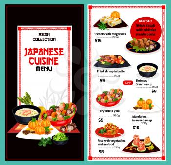 Japanese cuisine menu,traditional Japan restaurant food dishes. Vector menu cover with tangerine and mandarin sweets, fried shrimps in batter and cream soup, seafood with rice and vegetables