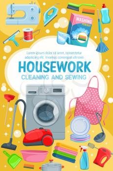 House cleaning service, professional housework laundry, washing, sewing and needlework. Vector cleaning tools and items, floor mop, vacuum cleaner, sponges, washing and sewing machine
