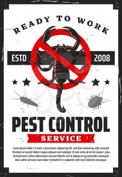 Pest control service, insects extermination and professional home disinsection vintage retro poster. Vector scorpions, woodlouse multipeds and parasite bugs pest control fumigation and disinsection