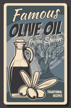 Organic olive oil in bottle and jar, Spanish premium quality food products and cooking vintage retro poster. Vector olive tree, extra virgin oil, healthy natural food recipe