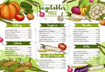 Vegetables, farm market veggies and organic vegetarian food menu price list. Vector dollar price for cabbages, salads and carrot and legumes, squash and turnip, tomatoes and horseradish or beet roots