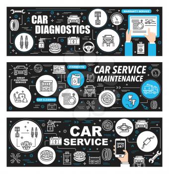 Car repair service, auto garage and mechanic maintenance thin line banners. Vector vehicles parts shop or restoration workshop and car wash station, automobile engine diagnostics and tire pumping
