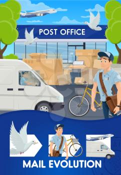 Mail delivery evolution, postal logistics and transportation service. Vector pigeon post and air mail delivery, airmail container cargo freight, mailman or post courier delivering parcels and letters
