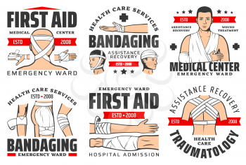 Medical emergency and first aid center ambulance icons. Vector traumatology and surgery clinic or injury and wound medical assistance and ward service for trauma and bandaging