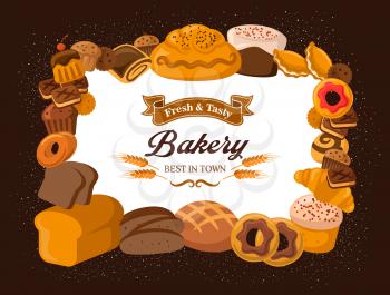 Bakery shop bread, baked desserts, cakes and pastry cookies. Vector patisserie cakes, croissants and wheat bagel with rye loaf, buns and chocolate donuts, cupcakes in dough and flour