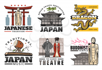 Japanese travel landmarks, culture and famous tradition symbols. Vector Japan Buddhism Shinto religion and Buddha at temple Torii gate, music instruments, Japanese dragon and kabuki theater