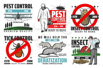 Pest control service, professional extermination, home disinsection and domestic disinfection. Vector pest control fumigation and insecticide of tick bugs, rodents and insect parasites signs