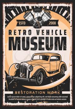 Vintage old cars museum and rarity vehicle motors show retro poster. Vector retro transport restoration works center, engine repair mechanic maintenance, diagnostics and garage station