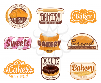 Bakery shop and patisserie or pastry store icons. Vector baked food products and sweet desserts shop signs, croissant, dough rolling pin and flour bag, wheat bagel and chocolate donut