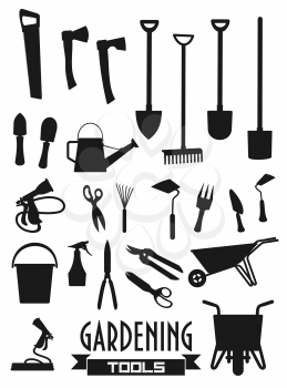 Garden tools icons, shovel rake and farm fork, gardener equipment. Vector gardening trowel, scissors and watering can, pitchfork and wheelbarrow, axe and hoe or spade, saw and plant secateurs