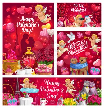 Loving couple silhouette with Valentines Day hearts, gifts and Cupids vector design. Flower bouquets, letter envelope and wedding ring, red balloons, chocolate candies and cakes, present box, ribbons