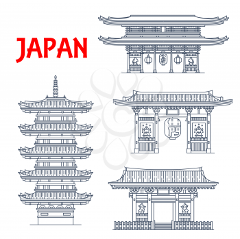 Japanese travel landmark vector icons with Buddhism religion architecture. Asian buddhist temple Senso-ji, wood five story pagoda, Kaminarimon Thunder Gate and Niten-mon gate at Taiyuin mausoleum