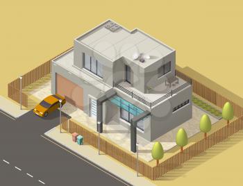 House 3d isometric design with building of town or village home. Vector icon of two storey villa or cottage exterior with green garden trees, lawn and car garage, street road, flat roof, modern facade