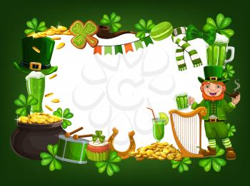 Frame of St. Patricks holiday attributes. Leprechaun hat, shamrock three-leaf clover, gold treasures, smoking pipe and Irish flags. Vector cookies and beer, horseshoe symbol of luck, scarf and drum