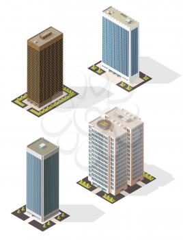 Skyscraper building 3d isometric icon with modern city business office centers. Urban tall buildings vector design of apartment house, bank and hotel multi storey towers with glass steel facades