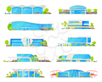 Railway station building vector icons with trains, track platforms and rail bridge. Railroad transport passenger terminals and depot with locomotives, bus and tram stations, car parking lots